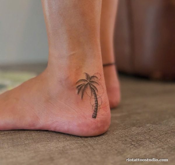 Palm tree tattoo small minimalist black ankle foot dotted spiral, delicate palm tree tattoo
