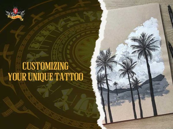 Palm tree tattoo design drawing multiple palms clouds mountains, custom palm tree tattoo ideas