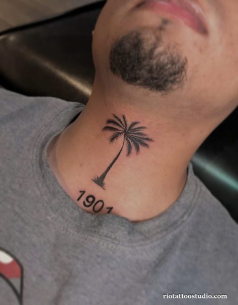 Palm tree tattoo small black neck 1901 date, meaningful palm tree tattoo
