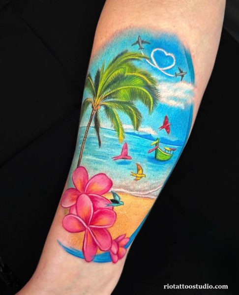 Palm tree tattoo realistic tropical beach plumeria flowers airplane heart forearm, detailed palm tree tattoo