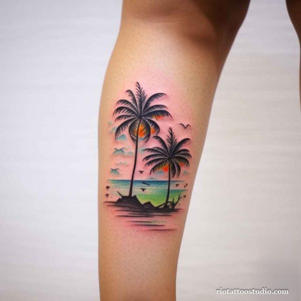 Palm tree tattoo colorful tropical beach ocean sunset birds calf, vibrant palm tree tattoo ideas
