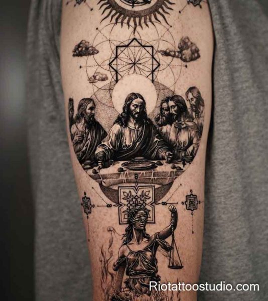 Full patchwork sleeve arm tattoo mythological figures sacred symbols landscape, bold patchwork tattoo