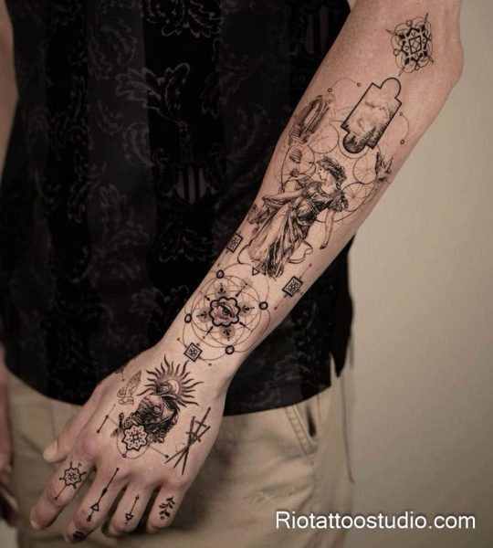 Patchwork sleeve forearm hand tattoo Apollo dragon sacred geometry sun eye, esoteric patchwork tattoo