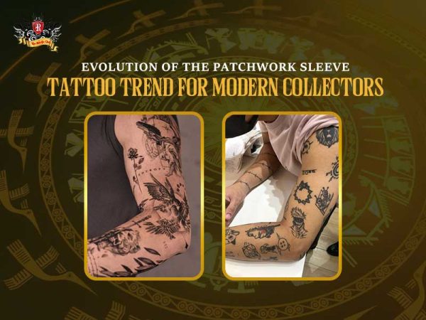 Patchwork sleeve evolution collage arm tattoos symbols, modern patchwork tattoo trend