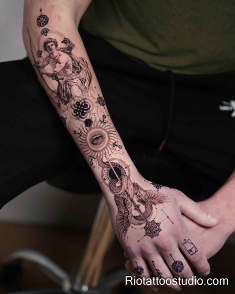 Patchwork sleeve forearm hand tattoo Apollo dragon sacred geometry sun eye, esoteric patchwork tattoo