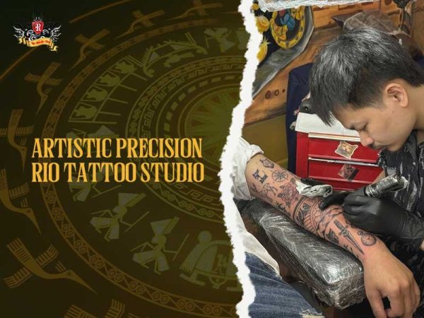 Rio Tattoo Studio artist inking patchwork sleeve arm tattoo detailed symbols, artistic patchwork tattoo
