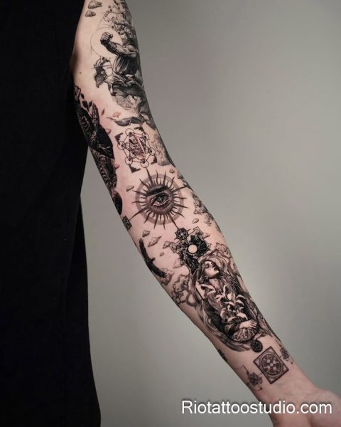 Patchwork sleeve arm tattoo Last Supper sacred geometry sun, spiritual patchwork tattoo