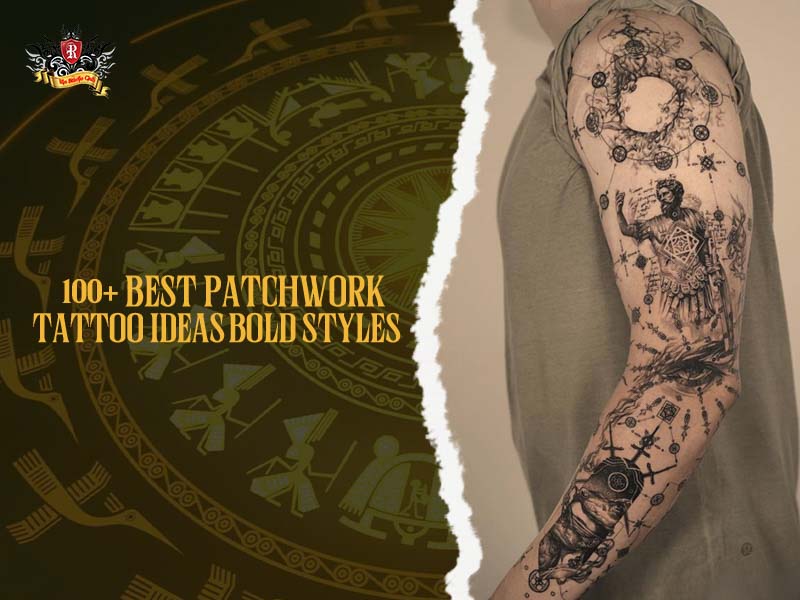 Patchwork sleeve arm tattoo celestial figures geometric blackwork, bold patchwork tattoo
