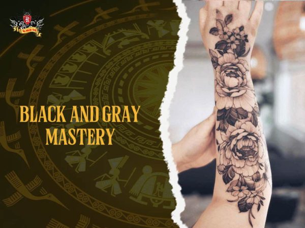 Black and gray peony tattoo sleeve on forearm and hand, realistic peony tattoo ideas