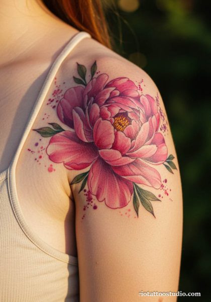 Pink peony tattoo with watercolor splashes on shoulder, soft peony tattoo ideas