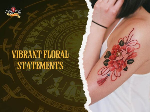 Red peony tattoo with red ribbons and tassel on upper arm, bold peony tattoo ideas