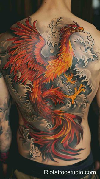 Phoenix tattoo realistic red black flight shoulder fiery, bold phoenix tattoo ideas