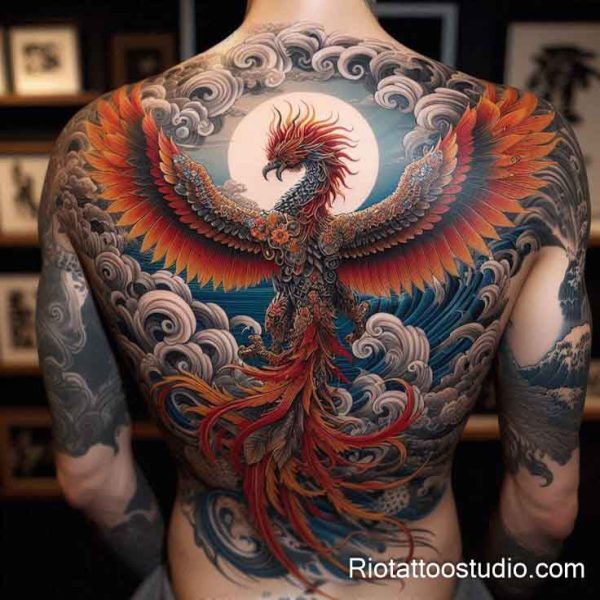 Phoenix tattoo large colorful full back clouds waves rebirth, epic phoenix tattoo ideas