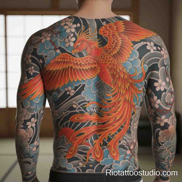 Phoenix tattoo large colorful back clouds waves japanese style, epic phoenix tattoo ideas