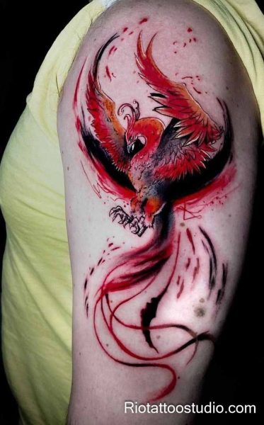 Phoenix tattoo red black watercolor splashes shoulder arm, fiery phoenix tattoo ideas