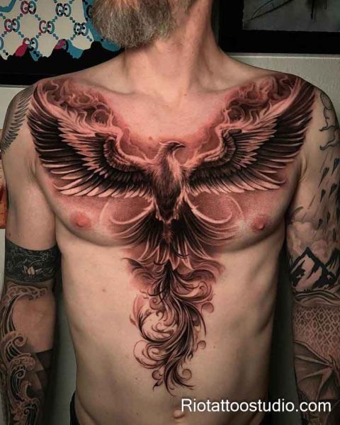 Phoenix tattoo realistic black red pink full chest wings, bold phoenix tattoo ideas