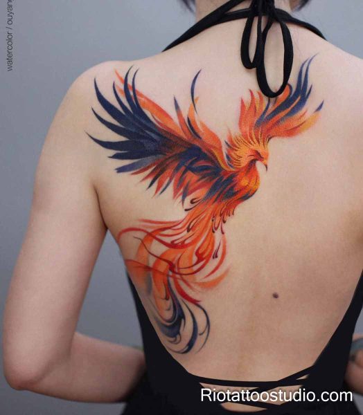 Phoenix tattoo watercolor orange red blue upper back shoulder woman, vibrant phoenix tattoo ideas