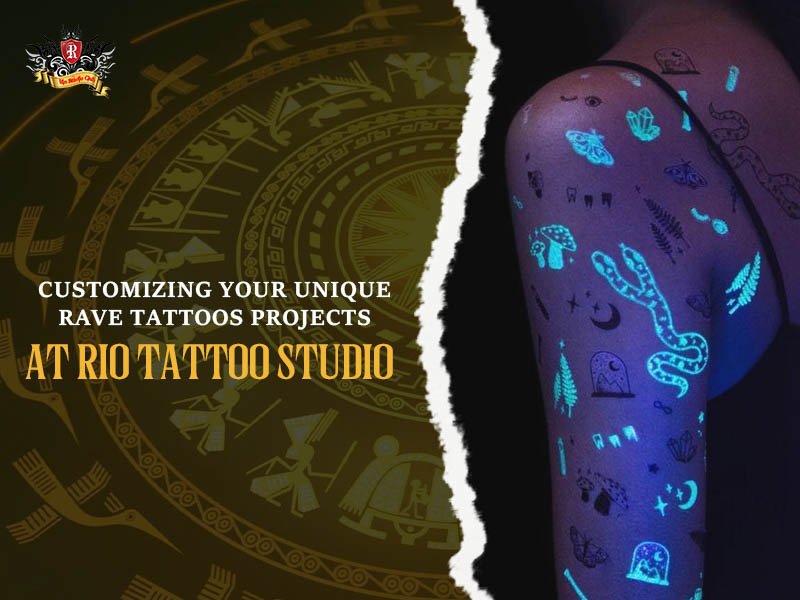 Vibrant Neon UV Rave Tattoos with geometric glow designs at Rio Studio.