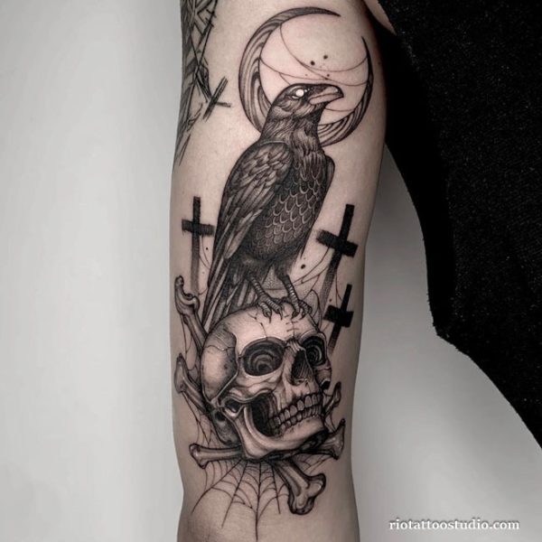 Artistic Dotwork Raven Tattoo on the upper arm for a textured look at Rio Tattoo Studio.