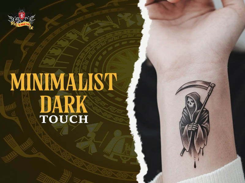 Minimalist Dark Touch grim reaper tattoo with fine line scythe design at Rio Studio.