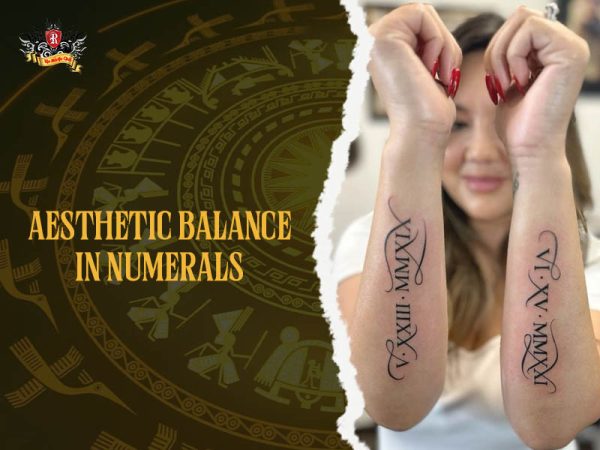 Woman showing matching roman numeral tattoos on both forearms with elegant script, aesthetic roman letter tattoo ideas