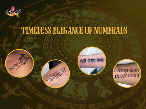 Collage of various roman numeral tattoos with roses and elegant fonts, roman letter tattoo ideas