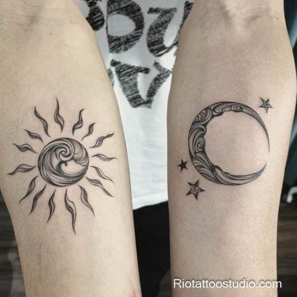 Matching sun and moon tattoo swirl wave sun patterned crescent forearms, fine line sun and moon