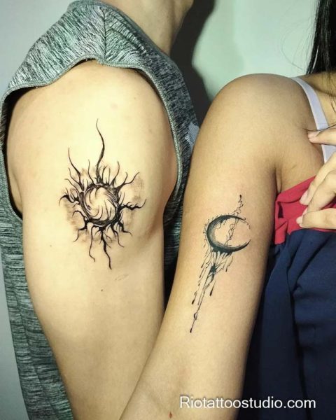 Matching sun and moon tattoo cracked sun dripping moon shoulders black, intense sun and moon tattoo