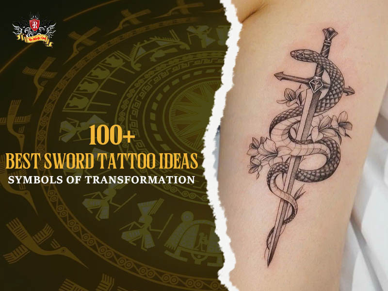 Sword wrapped by snake with flowers tattoo on upper arm, sword and serpent tattoo ideas