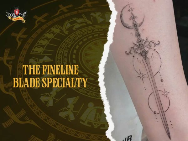 Fine line sword tattoo with crescent moon and stars on forearm, delicate celestial sword tattoo
