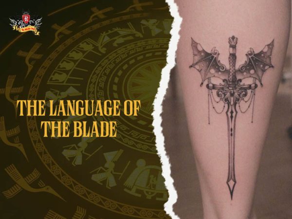 Sword tattoo with bat wings and chains on thigh, dark fantasy sword tattoo ideas