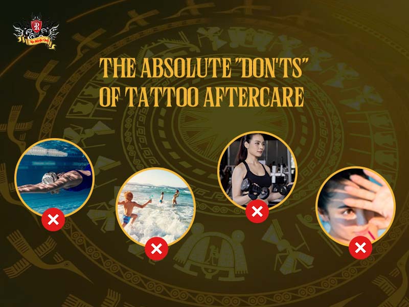 A warning sign against swimming in pools or oceans during Tattoo Aftercare.