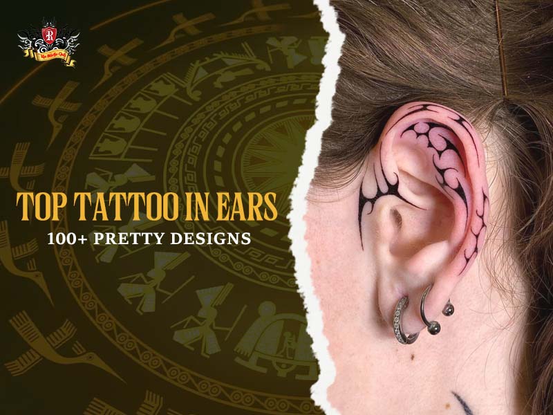 Pink and black floral tattoo in ears on cartilage and outer ear, pretty tattoo in ears ideas