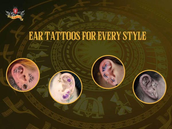 Ear tattoos for every style collage with floral, star and leaf designs, tattoo in ears ideas