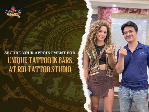 Client and artist showing ear tattoo at Rio Tattoo Studio, unique tattoo in ears appointment