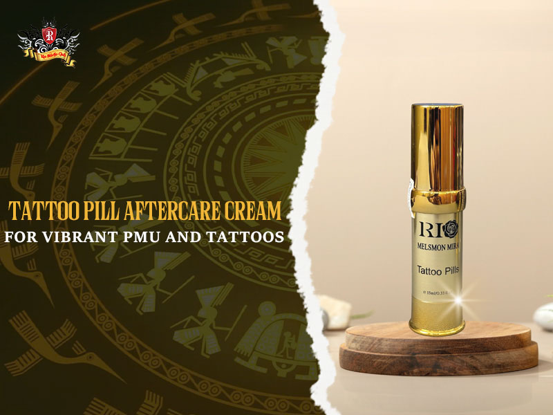 Premium Tattoo Pill aftercare cream packaging designed for vibrant healing of permanent makeup and artistic tattoos at Rio Tattoo Studio.