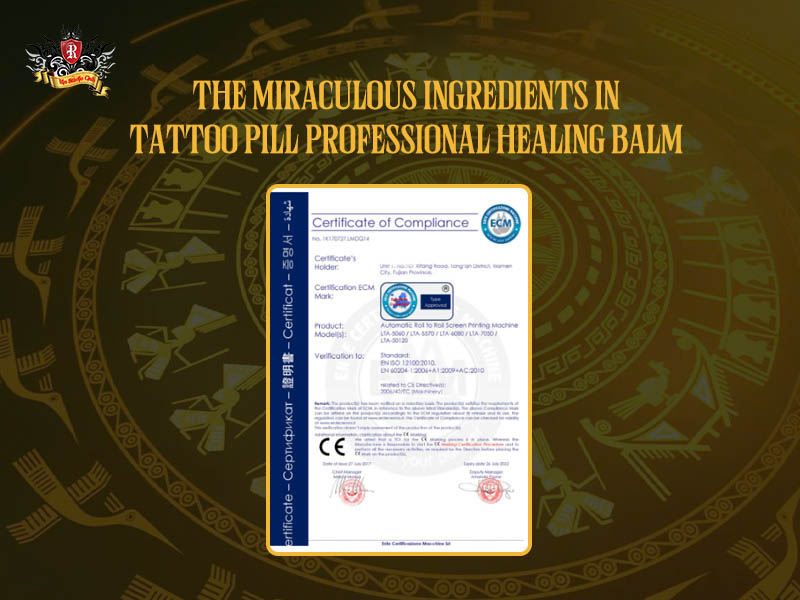 Tattoo Pill aftercare cream with official FDA, CE, and ISO certifications, ensuring medical-grade safety for PMU and tattoos.