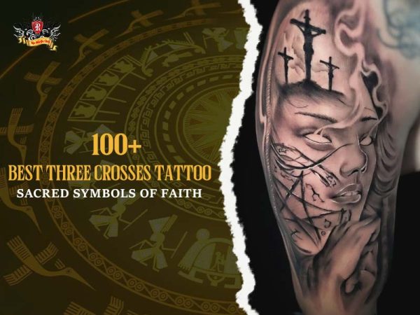 Three crosses tattoo realistic Golgotha woman face tears cracks arm, powerful three crosses tattoo