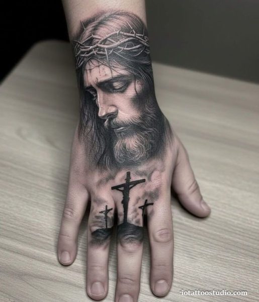 Three crosses tattoo realistic Jesus crown thorns hand black grey, spiritual three crosses tattoo