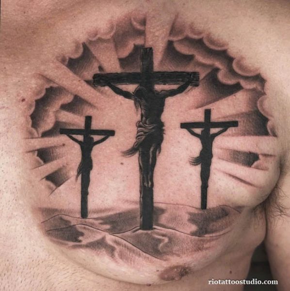 Three crosses tattoo realistic Jesus Golgotha chest black grey, sacred three crosses tattoo