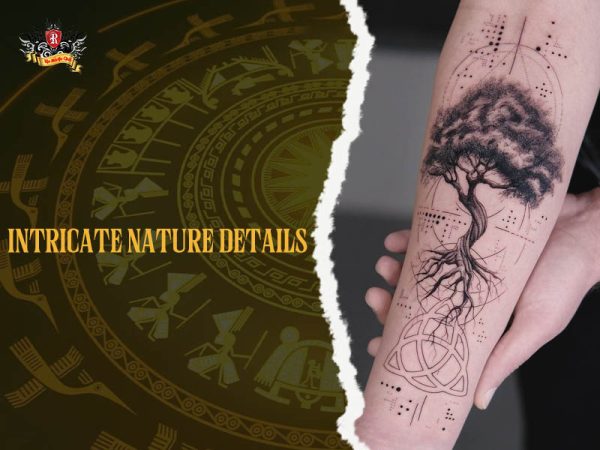 Intricate tree tattoo with roots, Celtic knot, and geometric patterns on forearm, detailed nature tree tattoo