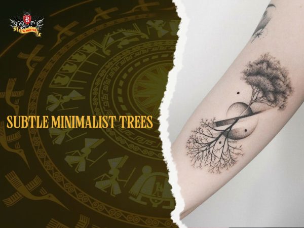 Minimalist tree tattoo with roots and moon phases on forearm, subtle blackwork tree tattoo ideas