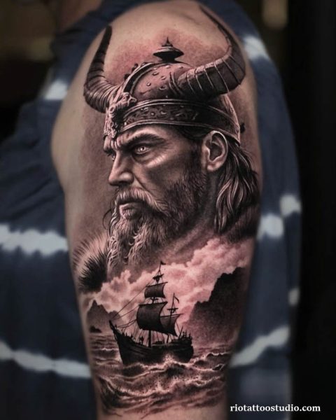 Viking tattoo shoulder horned helmet longship sea storm realistic, nautical viking tattoo