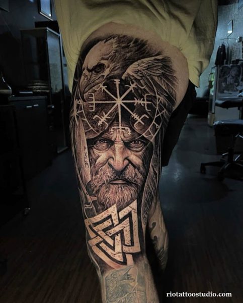Viking tattoo thigh realistic helmet Vegvisir eagle runes, bold viking tattoo
