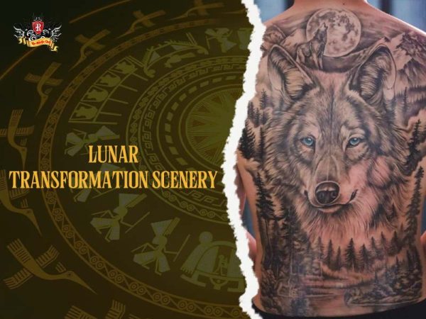 Lunar transformation werewolf back tattoo full moon forest scenery, epic werewolf tattoo