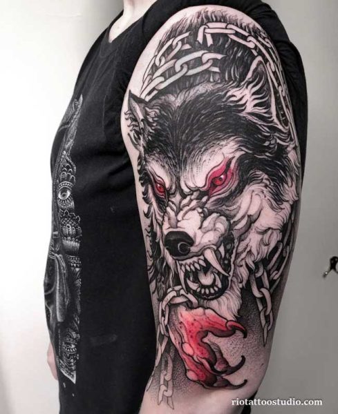 Werewolf tattoo snarling beast forest forearm sleeve realistic black grey, dynamic werewolf tattoo