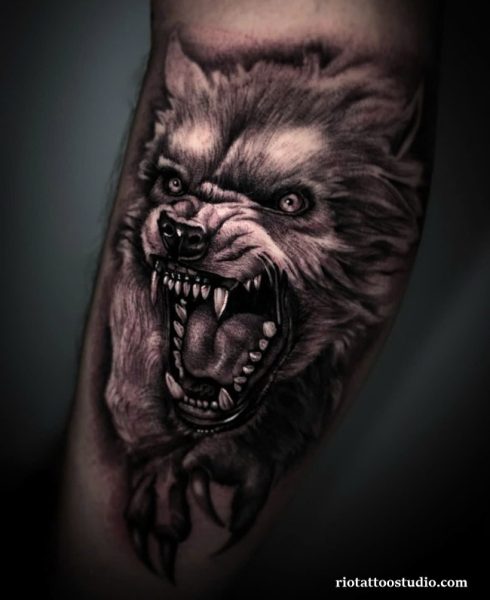 Werewolf tattoo chained red eyes blood rose shoulder arm realistic, chained werewolf tattoo
