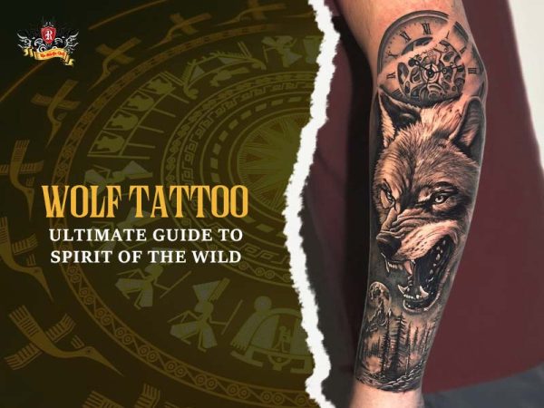 Realistic wolf clock gears sleeve arm tattoo black grey, symbolic wolf tattoo