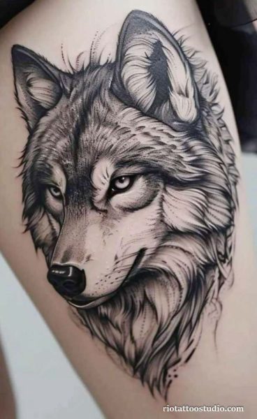 Realistic wolf head portrait thigh hip tattoo detailed fur, bold wolf tattoo