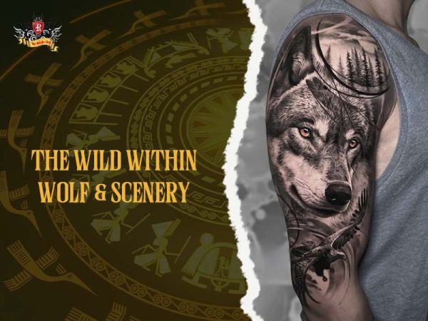Realistic wolf forest moon scenery shoulder arm tattoo, wild wolf tattoo